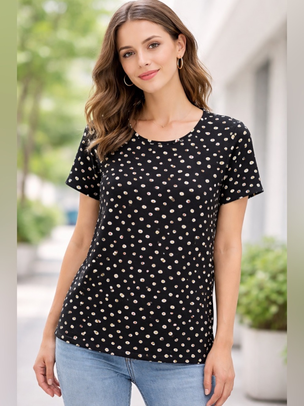 Gudrun Sjoden Short Sleeve Side Pleat Top Evil Eye Dots, Size Large L Lagenlook